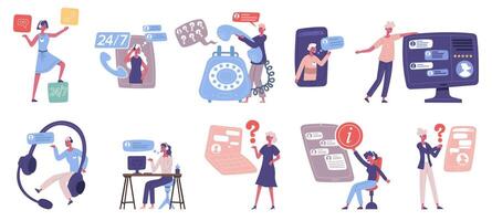Personal assistant, call center customer support network services. Customer online technical support service, online hotline assistant illustration set vector