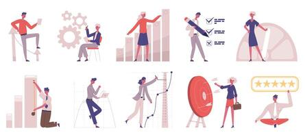 Benchmarking comparison business company development strategy. Business development compare, improvement testing illustration set. Benchmark testing and analysis vector