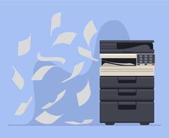 Office professional copier or printer printing documents. Printer office work multifunction printing machine illustration. Printer machine printing paper documents vector