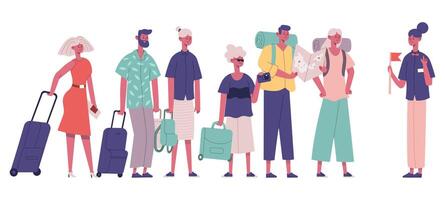 Tourists group visitors explore interesting places with guide. Male and female tourists new city excursion illustration. International tourists group vector