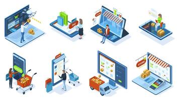 Isometric mobile e-commerce online shopping concept. People make purchases use mobile apps and payment systems illustration set. Mobile shopping orders vector