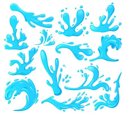 Blue water splashes, ocean waves, spray drops. Sea water wavy swirls, river flowing wave elements illustration symbols set. Ocean water swirls