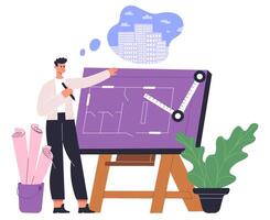 Professional architect engineer working on architectural project. Male occupational architect drawing blueprints illustration. Man architect office space vector