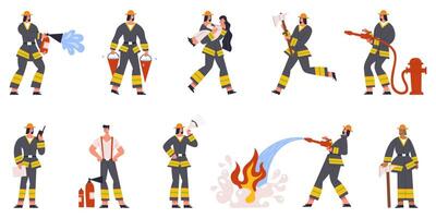 Firefighter characters emergency service watering fire and save people. Firefighting emergency situations illustration set. Firefighters in action poses vector