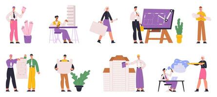 Builders, engineers, architects professional construction workers. Architect people occupation illustration set. Professional engineer characters vector