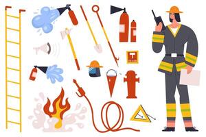 Firefighter, fireman character with fire fighting equipment tools. Fireman in uniform with fire hose hydrant, fire extinguisher illustration set. Fireman character vector