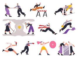 Business workers characters professional career struggle competition. Career competition and job motivation illustration set. Male and female competing business people vector