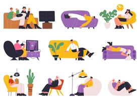 People resting, sleeping, reading books on comfy sofa. Young women and men relaxing, spending time on sofa or cozy couch illustration set. Characters relaxing at home vector