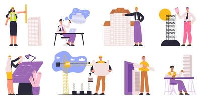 Architects, engineers, builders and construction workers characters. Professional builder, architect, worker engineer illustration set. Architectural project workers vector