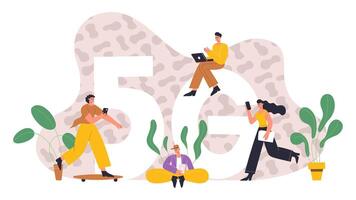 People use mobile internet, wireless 5G internet connection. Wireless high speed internet, characters using network technology flat illustration. High speed internet vector