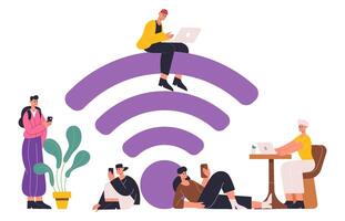 People using mobile internet, free wifi zone concept. Free internet hotspot zone with wifi sign, wifi public access area illustration. Characters using free internet vector