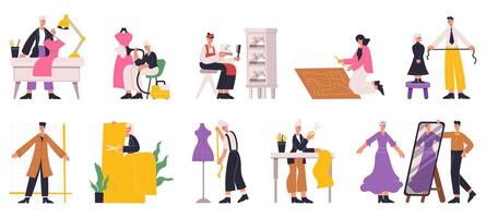 Dressmaker sewing, designer tailoring, characters working in clothes industry. Tailor, seamstress at work illustration set. Clothing designer characters vector