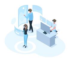 Isometric characters in futuristic virtual reality simulation world. People wearing virtual reality digital illustration. VR world activities concept vector