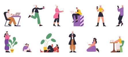 People surfing internet using gadgets, chatting and reading. Characters use internet with mobile gadgets, tablet, smartphone illustration set. People social networking vector