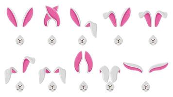 Cartoon rabbit ears, cute bunny ears selfie or chat masks. Rabbit ears and noses selfie filters or mobile photo editor illustration set. Bunny chat masks vector
