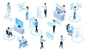 Isometric people in headsets use virtual reality simulators. Characters in vr glasses playing, learning, working illustration set. Virtual augmented reality activities vector