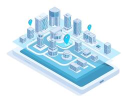 Isometric city map mobile navigation on smartphone screen. Modern smart city navigation mobile app illustration. City buildings online navigation vector