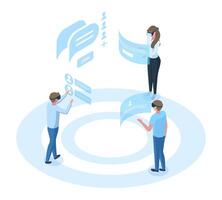 Isometric people virtual reality communication simulation technology. Characters wearing headsets chatting use virtual reality illustration. Augmented reality concept vector