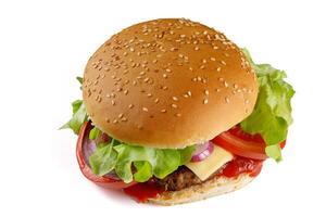 burger isolated top on white. Burger isolated on white background. cheeseburger with beef, cheese, tomato isolated on white background photo
