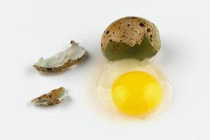 Quail egg broken and shell white background photo