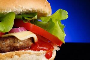 Appetizing burger place for text cope space. burger with lettuce, tomato, cheese and sauce photo