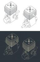 Two-stroke engine isometric blueprints vector