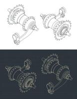 Coaster brake hub isometric blueprints vector