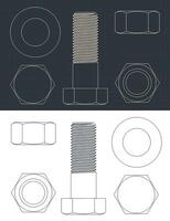 Hexagon bolt and nuts head blueprints vector