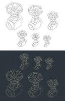 Needle valves isometric blueprints set vector