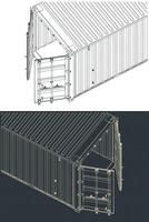 Cargo container close-up isometric blueprints vector