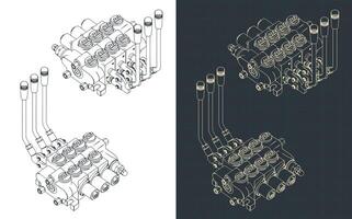 Hydraulic directional control valve isometric blueprints vector