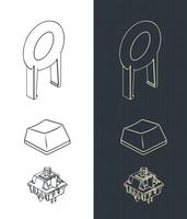 Mechanical keyboard switche keycap and key puller isometric blueprints vector