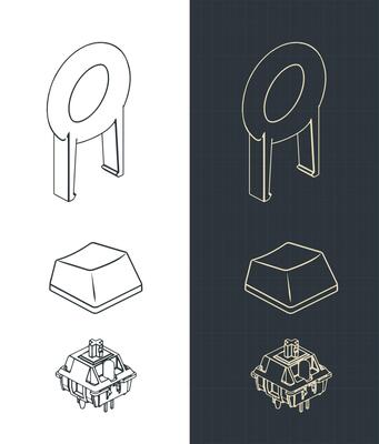 Mechanical keyboard switche keycap and key puller isometric blueprints