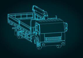 Truck with crane-manipulator installation isometric blueprint vector