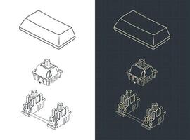 Switch with stabilizer and keycap for mechanical keyboard isometric blueprints vector