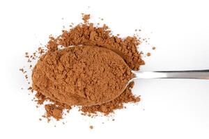 Cocoa powder on a spoon isolate photo