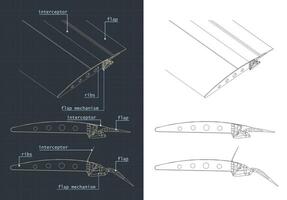 Aircraft Wing Structure and Flaps Systems Blueprints vector