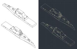 Modern stealth warship isometric blueprints vector
