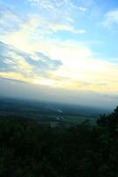 Portrait of a natural landscape in the form of a forest on a hill at sunset with a clear sky mixed with blue and white photo