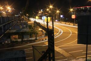 time lapse or long exposure photography of traffic on the street at night and railway train photo