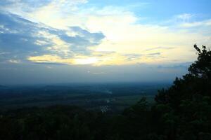 A landscape natural scenery in the form of a forest on a hill at sunset with a clear blue and white sky photo