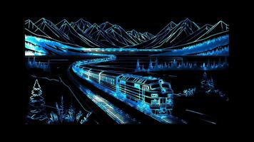 Neon frame effect Trans-Siberian Railway in Russia, glow, black background. video