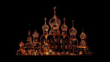 Neon frame effect onion-domed churches, typical of Russian architecture, glow, black background. video
