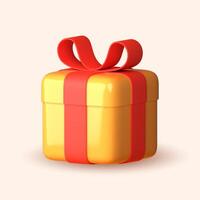 3D yellow gift boxes with ribbon in red over white background. 3D rendering of a modern holiday surprise box. vector