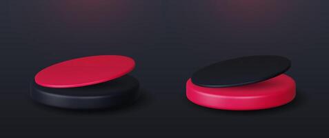 Set of realistic 3d background with cylinder podium. Black, red glowing light semi circles layers scene. vector