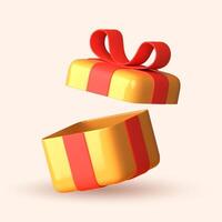 3D open yellow gift boxes with ribbon in red over white background. 3D rendering of a modern holiday surprise box. vector
