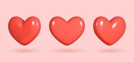 Collection of 3D shiny realistic heart balloons in red, displayed from different angles. cards, parties, designs, flyers, posters, decorations, banners, web and advertising. vector