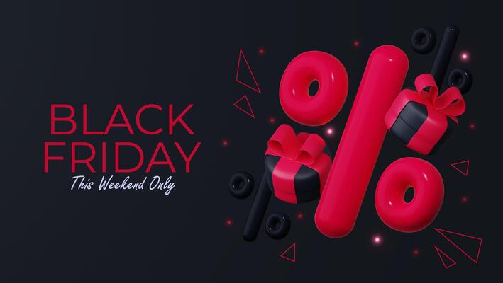 Black Friday Super Sale. Black gift box with red ribbon and big discount balloons. Dark background with red text letters. Horizontal banner, poster or website header.