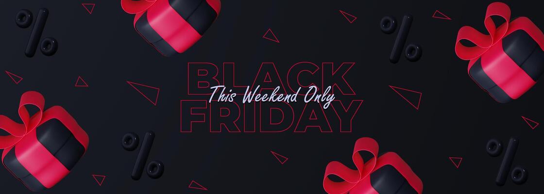 Black Friday Super Sale. Black gift box with red ribbon and discount balloons. Dark background with red text letters. Horizontal banner, poster or website header.
