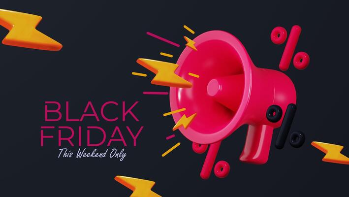 Black Friday sale design featuring text and megaphone on black background. 3D style promotional graphic for websites, banners, and posters.